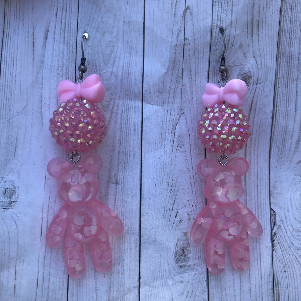 Heart confetti teddy gummy bear gumball earrings iridescent flakes dangle ball